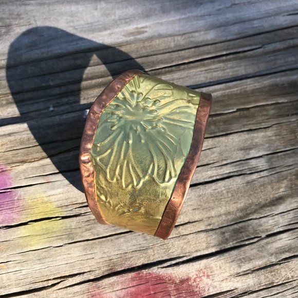 Rustic Brass Copper Cuff Bracelet Wide Floral Cowboy Gift Unisex Rustic Handmade - Picture 10 of 12